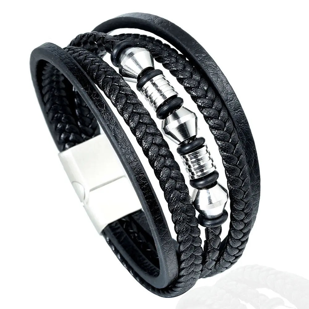 Europe and the United States stainless steel leather rope bracelet men's multi-layer braided leather bracelet magnet buckle bracelet AQP-STORE