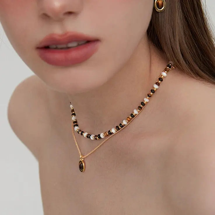 2023 new tiger eye stone series senior necklace Europe and the United States retro light luxury niche design gold collarbone chain AQP-STORE