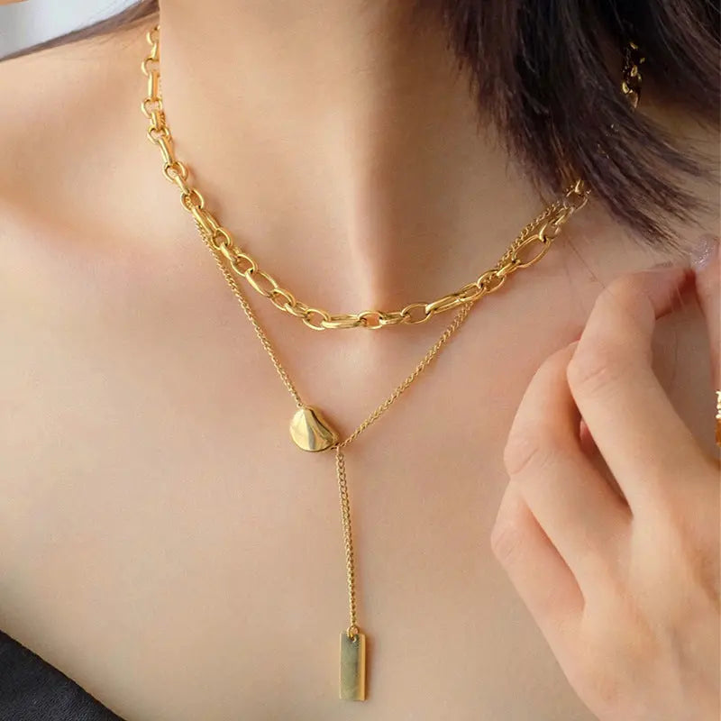 Cold wind ins double lentil necklace titanium steel does not lose color simple retro K gold collarbone sweater chain AQP-STORE