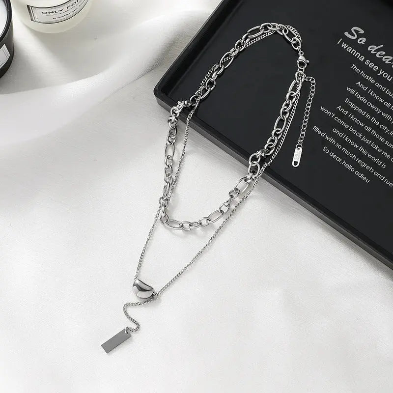 Cold wind ins double lentil necklace titanium steel does not lose color simple retro K gold collarbone sweater chain AQP-STORE