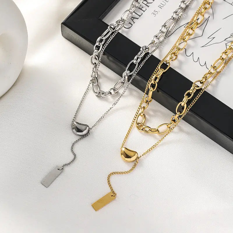 Cold wind ins double lentil necklace titanium steel does not lose color simple retro K gold collarbone sweater chain AQP-STORE