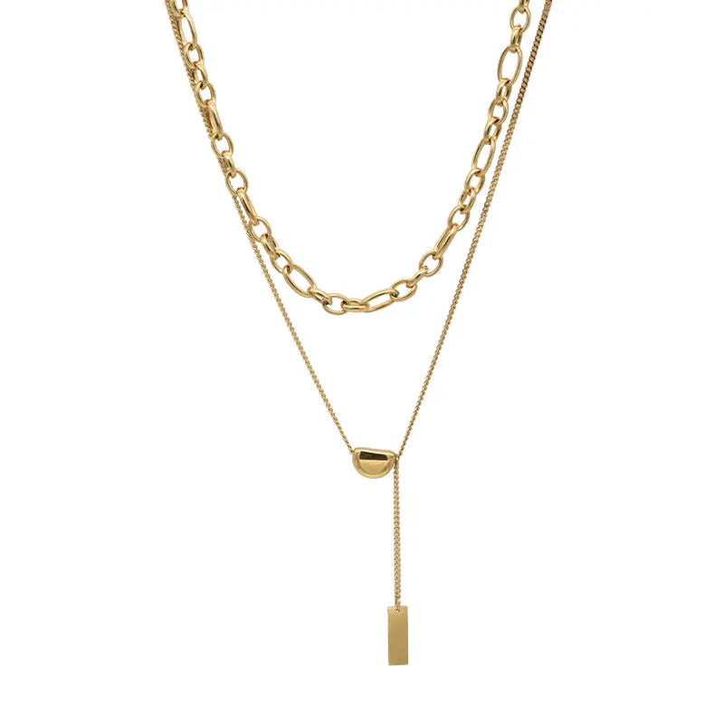 Cold wind ins double lentil necklace titanium steel does not lose color simple retro K gold collarbone sweater chain AQP-STORE