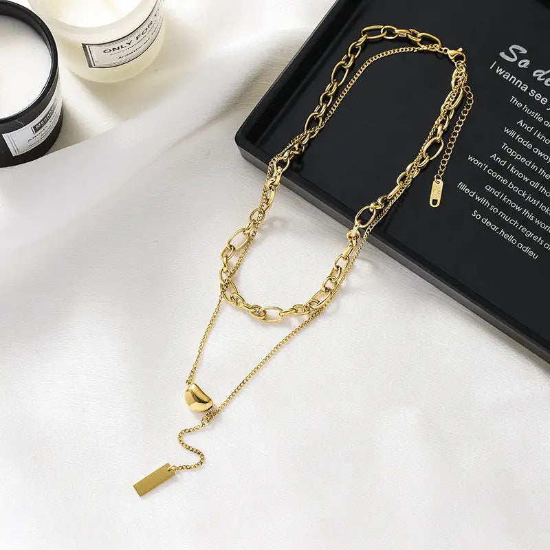 Cold wind ins double lentil necklace titanium steel does not lose color simple retro K gold collarbone sweater chain AQP-STORE