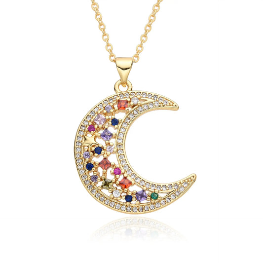 Love Necklace European and American Emerald Zircon Cross Necklace Women's Fashion Moon Love Pendant Necklace AQP-STORE