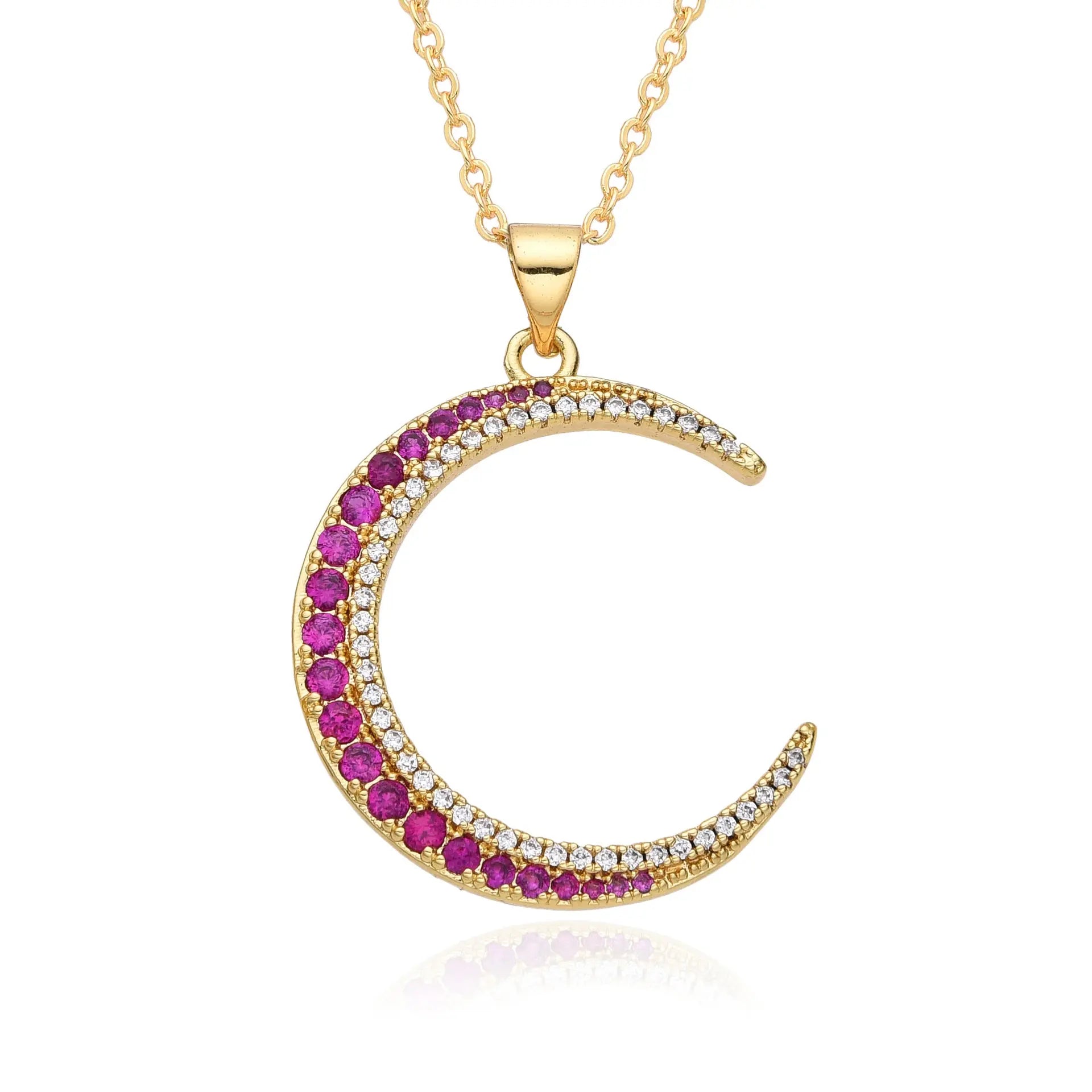European and American Light Luxury Copper Plated 18K Gold Colored Zircon Moon Love Pendant Necklace, Female Crowd, Versatile Necklace AQP-STORE