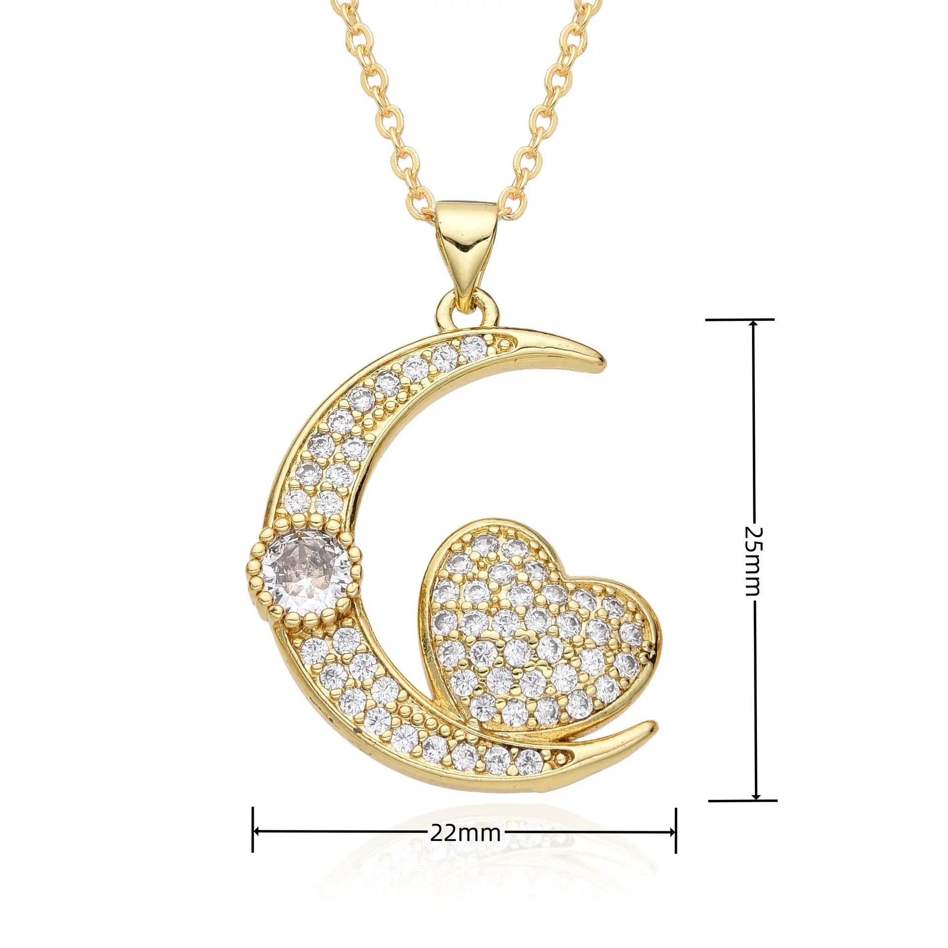European and American Light Luxury Copper Plated 18K Gold Colored Zircon Moon Love Pendant Necklace, Female Crowd, Versatile Necklace AQP-STORE
