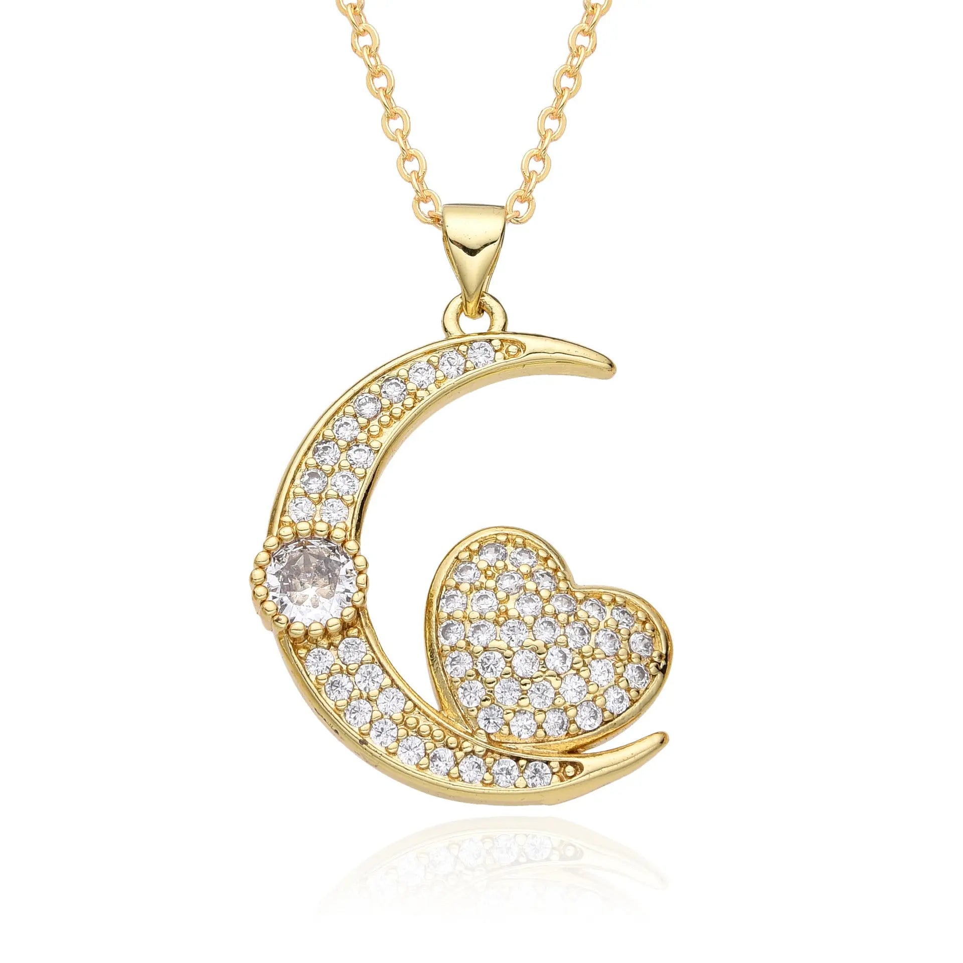 European and American Light Luxury Copper Plated 18K Gold Colored Zircon Moon Love Pendant Necklace, Female Crowd, Versatile Necklace AQP-STORE