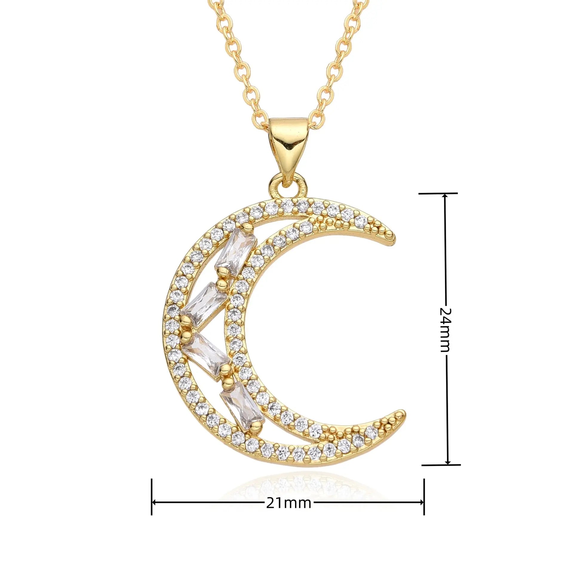 European and American Light Luxury Copper Plated 18K Gold Colored Zircon Moon Love Pendant Necklace, Female Crowd, Versatile Necklace AQP-STORE