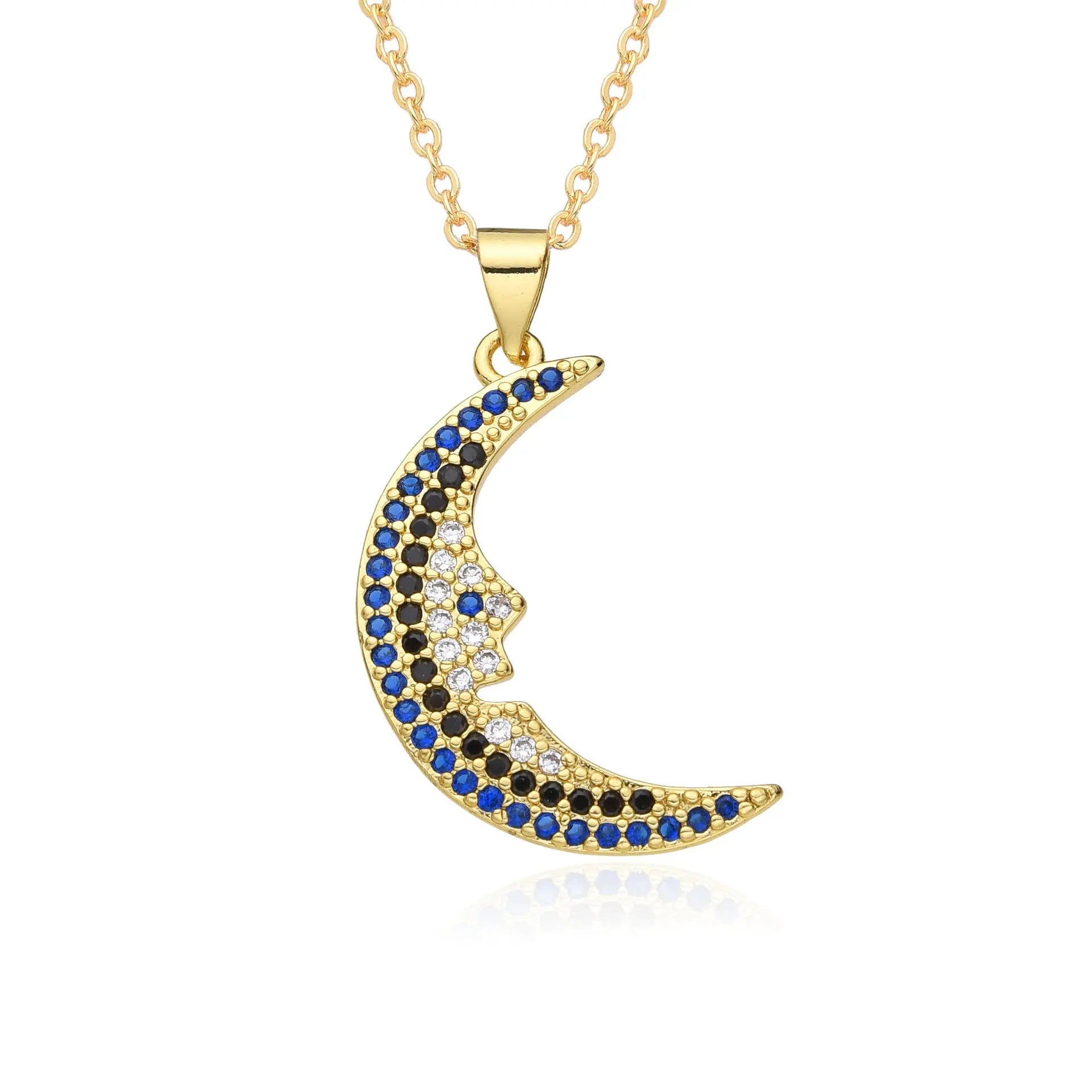 European and American Light Luxury Copper Plated 18K Gold Colored Zircon Moon Love Pendant Necklace, Female Crowd, Versatile Necklace AQP-STORE