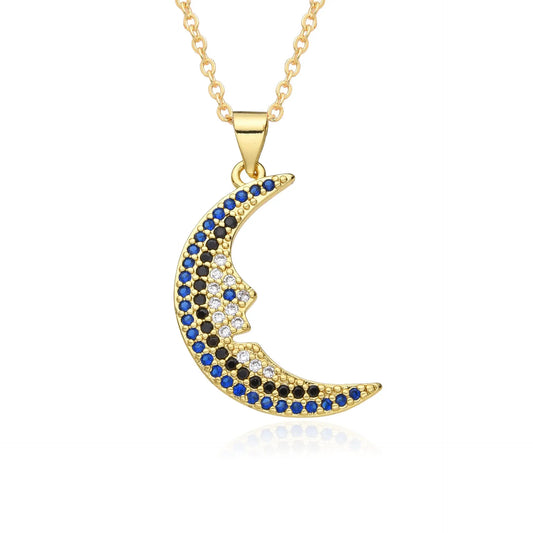 European and American Light Luxury Copper Plated 18K Gold Colored Zircon Moon Love Pendant Necklace, Female Crowd, Versatile Necklace AQP-STORE