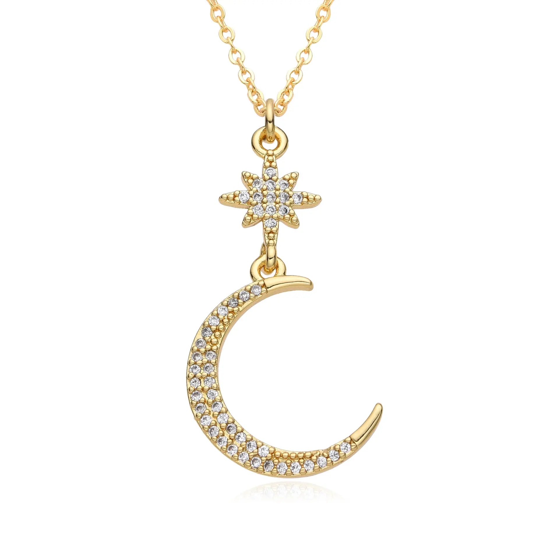 European and American Light Luxury Copper Plated 18K Gold Colored Zircon Moon Love Pendant Necklace, Female Crowd, Versatile Necklace AQP-STORE