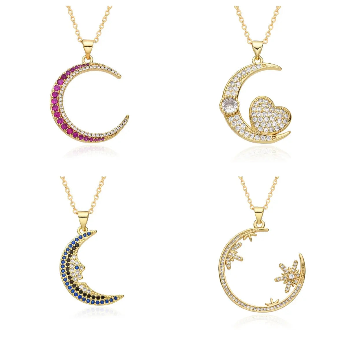 European and American Light Luxury Copper Plated 18K Gold Colored Zircon Moon Love Pendant Necklace, Female Crowd, Versatile Necklace AQP-STORE