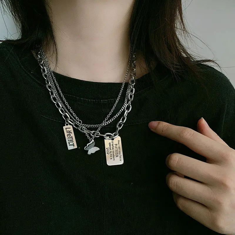 Exaggerated Hip Hop Titanium Steel Multi layered Necklace for Women in Europe and America Ins Square Emblem Engraved Letter Pendant Personalized Dark Bounce Accessories AQP-STORE