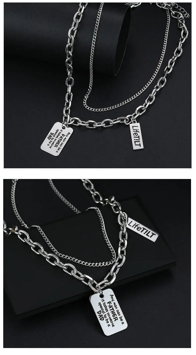 Exaggerated Hip Hop Titanium Steel Multi layered Necklace for Women in Europe and America Ins Square Emblem Engraved Letter Pendant Personalized Dark Bounce Accessories AQP-STORE