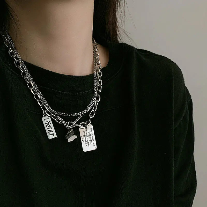Exaggerated Hip Hop Titanium Steel Multi layered Necklace for Women in Europe and America Ins Square Emblem Engraved Letter Pendant Personalized Dark Bounce Accessories AQP-STORE