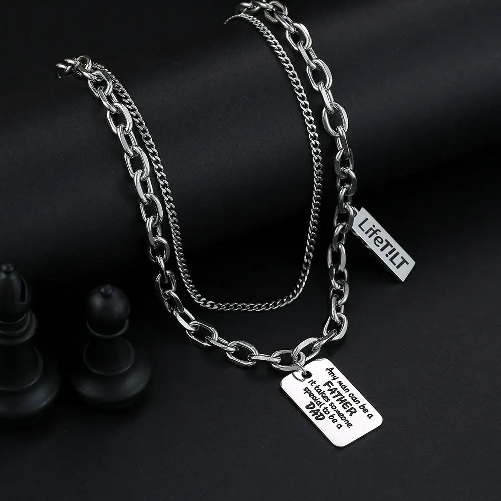 Exaggerated Hip Hop Titanium Steel Multi layered Necklace for Women in Europe and America Ins Square Emblem Engraved Letter Pendant Personalized Dark Bounce Accessories AQP-STORE