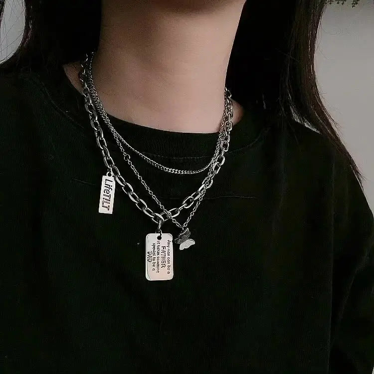 Exaggerated Hip Hop Titanium Steel Multi layered Necklace for Women in Europe and America Ins Square Emblem Engraved Letter Pendant Personalized Dark Bounce Accessories AQP-STORE