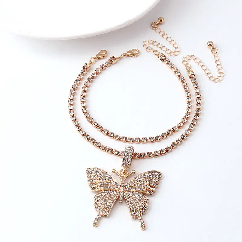 European and American cross-border jewelry with versatile temperament, claw chains, large butterfly elements, fashionable diamond inlaid double layer ankle chains AQP-STORE