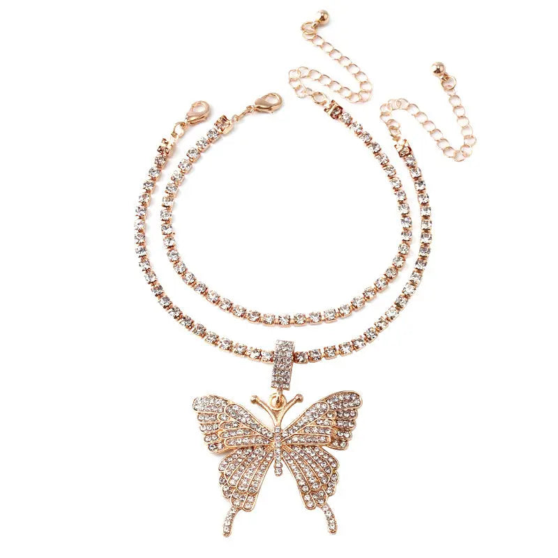 European and American cross-border jewelry with versatile temperament, claw chains, large butterfly elements, fashionable diamond inlaid double layer ankle chains AQP-STORE