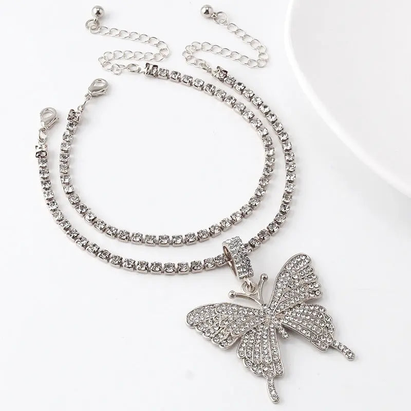European and American cross-border jewelry with versatile temperament, claw chains, large butterfly elements, fashionable diamond inlaid double layer ankle chains AQP-STORE