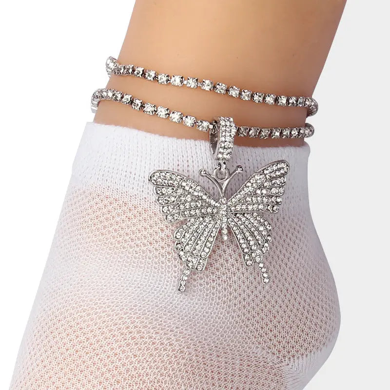 European and American cross-border jewelry with versatile temperament, claw chains, large butterfly elements, fashionable diamond inlaid double layer ankle chains AQP-STORE
