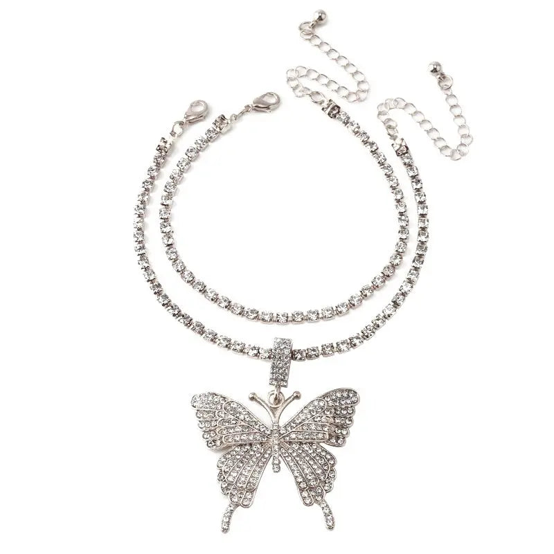 European and American cross-border jewelry with versatile temperament, claw chains, large butterfly elements, fashionable diamond inlaid double layer ankle chains AQP-STORE