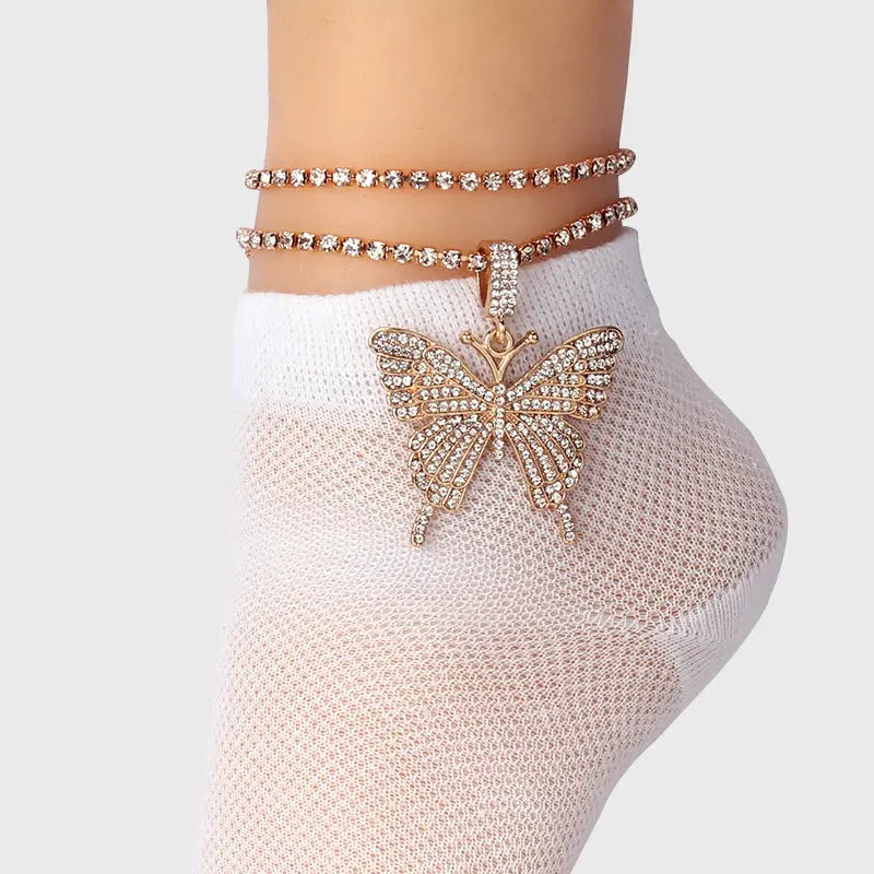 European and American cross-border jewelry with versatile temperament, claw chains, large butterfly elements, fashionable diamond inlaid double layer ankle chains AQP-STORE