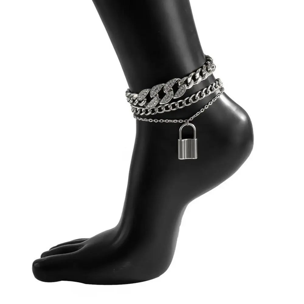 European and American cross-border jewelry fashion versatile diamond inlay set anklet women's retro temperament multi-layer rhinestone lock shaped foot accessories AQP-STORE