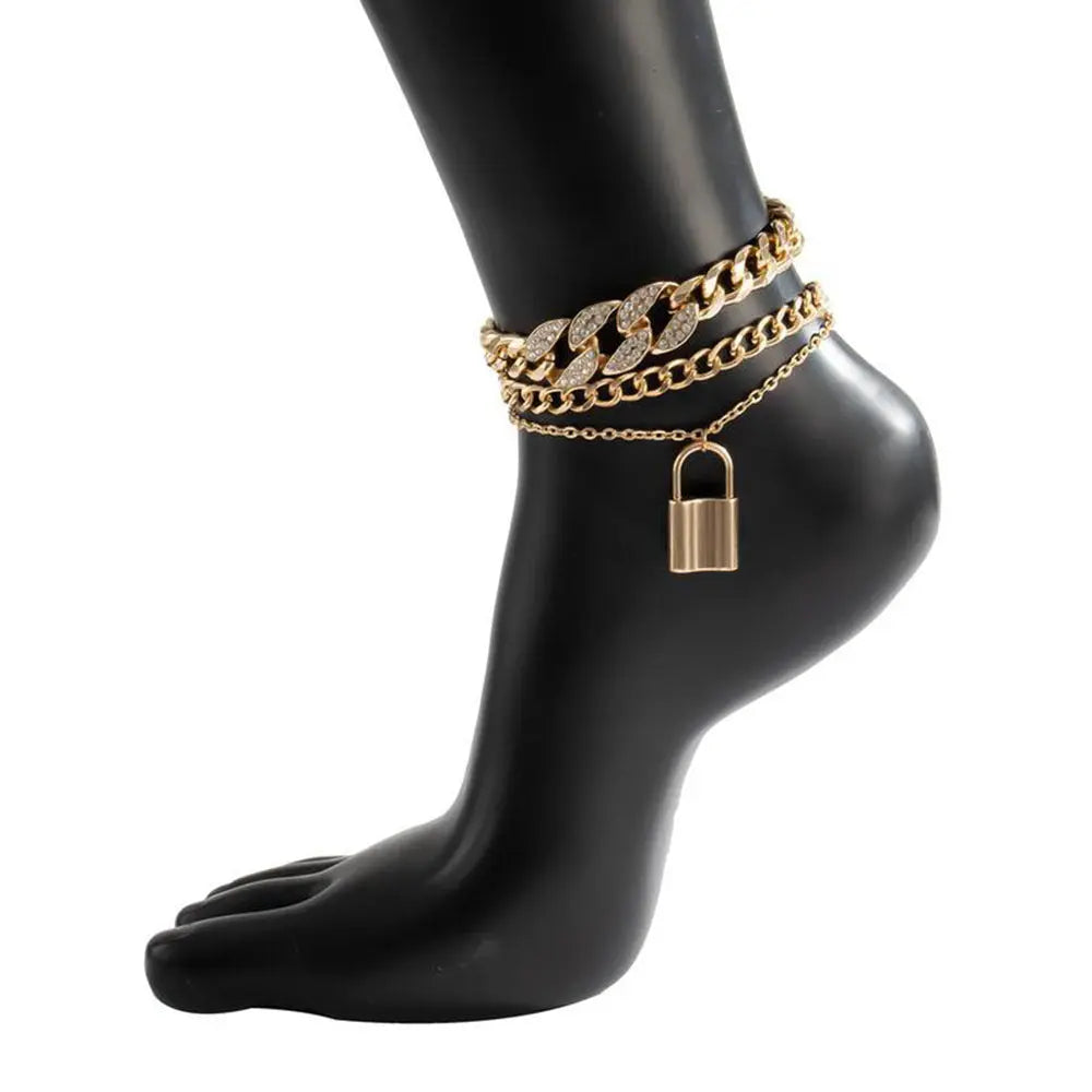 European and American cross-border jewelry fashion versatile diamond inlay set anklet women's retro temperament multi-layer rhinestone lock shaped foot accessories AQP-STORE
