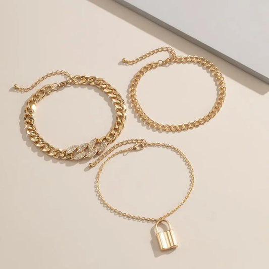 European and American cross-border jewelry fashion versatile diamond inlay set anklet women's retro temperament multi-layer rhinestone lock shaped foot accessories AQP-STORE