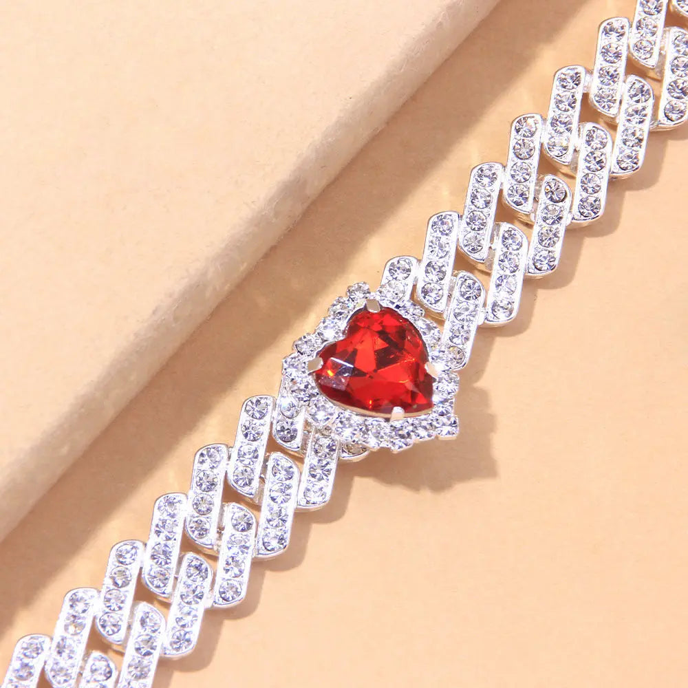 Cross border hot selling color heart-shaped crystal anklets, fashionable and trendy accessories, personalized hip-hop Cuban anklets AQP-STORE