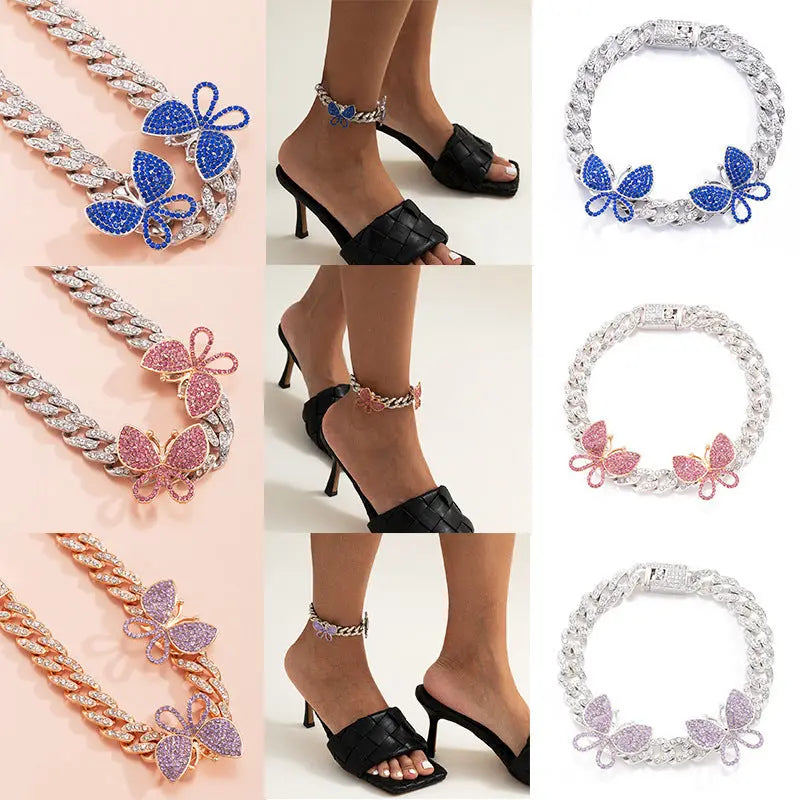 Hip hop punk full diamond Cuban chain with diamond inlaid butterfly anklet, European and American minimalist trend exaggerated chain anklet, female AQP-STORE