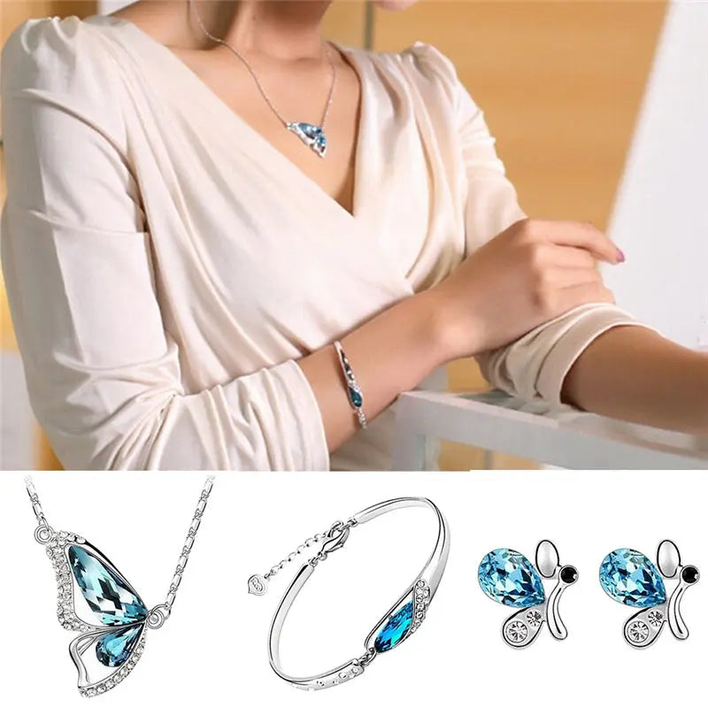 New Diamond Crystal Butterfly Jewelry Set Necklace+Earrings+Bracelet Crystal Set Fashion Jewelry AQP-STORE