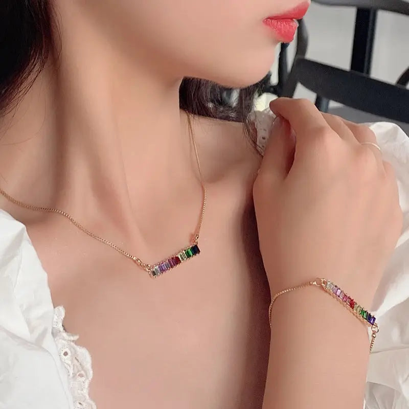 Instagram European and American Rainbow Bracelet Necklace, Women's Diamond Jewelry Set, Exquisite Neckchain, Retro Choker Collar Chain AQP-STORE