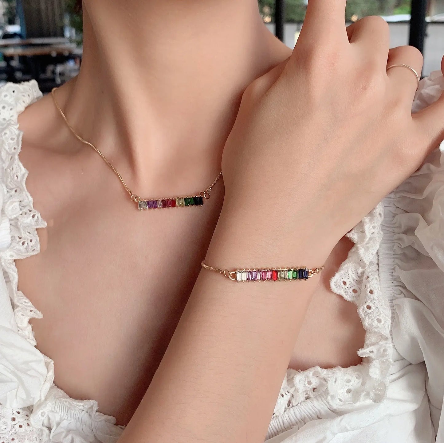 Instagram European and American Rainbow Bracelet Necklace, Women's Diamond Jewelry Set, Exquisite Neckchain, Retro Choker Collar Chain AQP-STORE