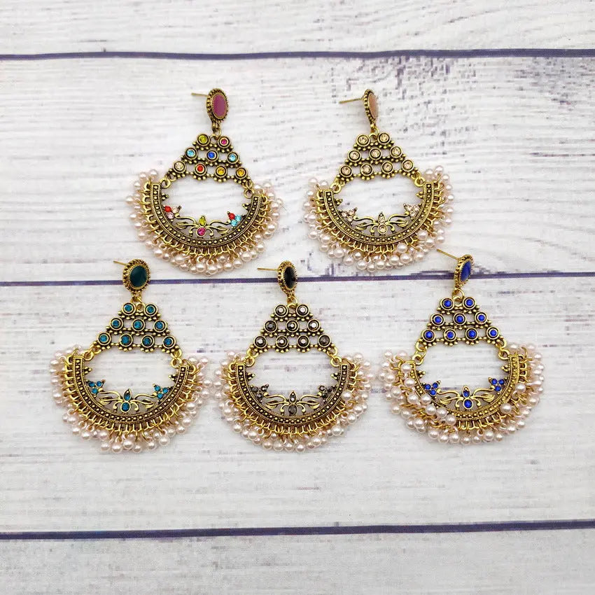 New Creative Retro Half Round Beaded Alloy Earrings Personalized Peacock Bell Hollow Geometric Tassel Earrings AQP-STORE