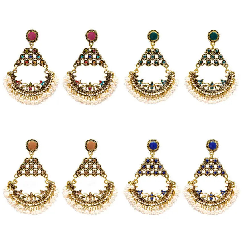 New Creative Retro Half Round Beaded Alloy Earrings Personalized Peacock Bell Hollow Geometric Tassel Earrings AQP-STORE