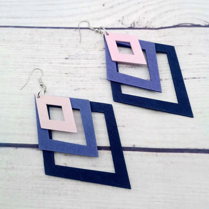 Minimalist retro double-sided hollow diamond wood earrings for women's fashionable colorful minimalist long wooden earrings and earrings AQP-STORE