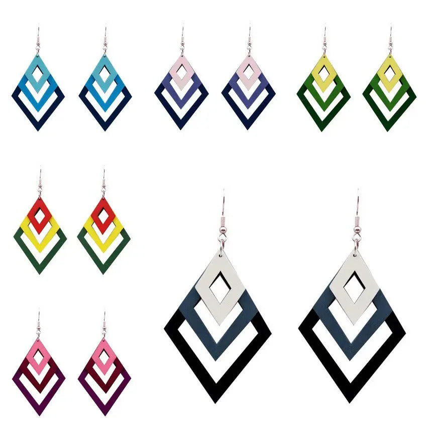 Minimalist retro double-sided hollow diamond wood earrings for women's fashionable colorful minimalist long wooden earrings and earrings AQP-STORE