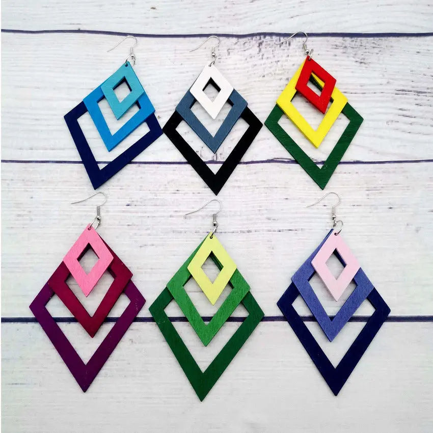 Minimalist retro double-sided hollow diamond wood earrings for women's fashionable colorful minimalist long wooden earrings and earrings AQP-STORE