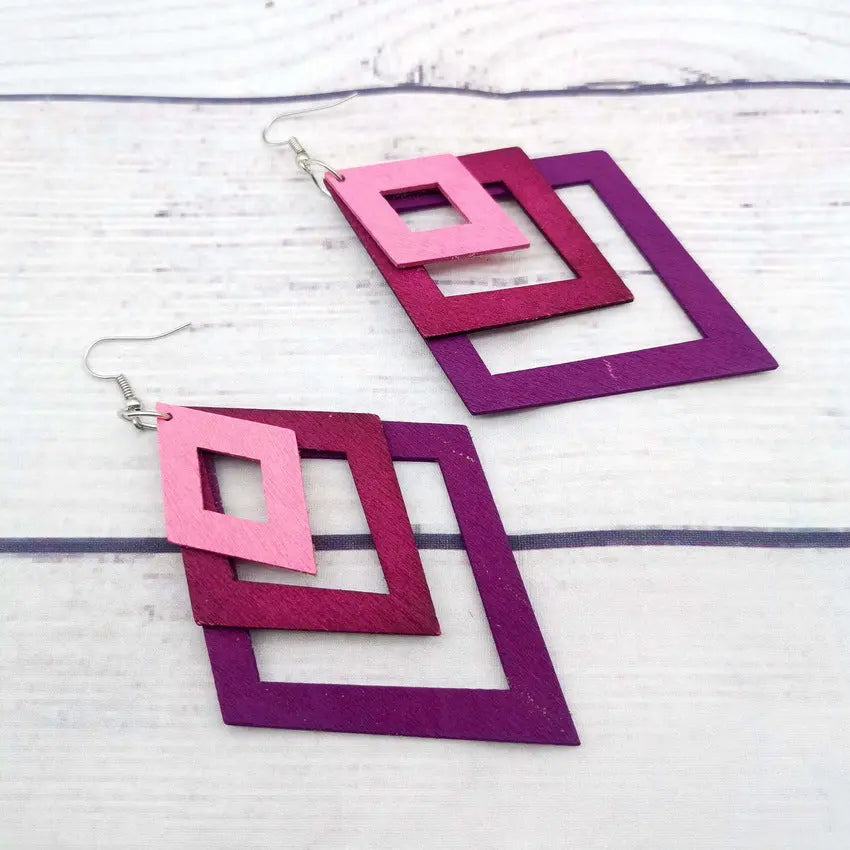 Minimalist retro double-sided hollow diamond wood earrings for women's fashionable colorful minimalist long wooden earrings and earrings AQP-STORE