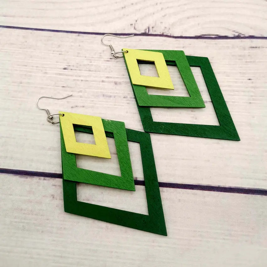 Minimalist retro double-sided hollow diamond wood earrings for women's fashionable colorful minimalist long wooden earrings and earrings AQP-STORE