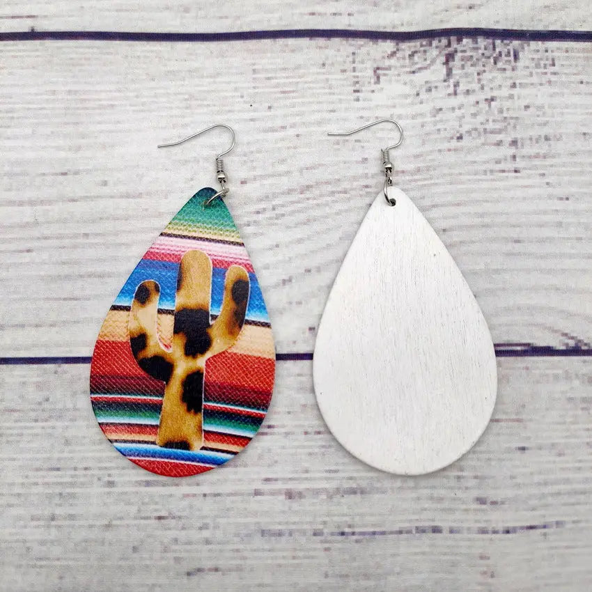 Hot selling colored striped large water drop wooden earrings in Europe and America, single-sided colored printed cactus earrings for women AQP-STORE