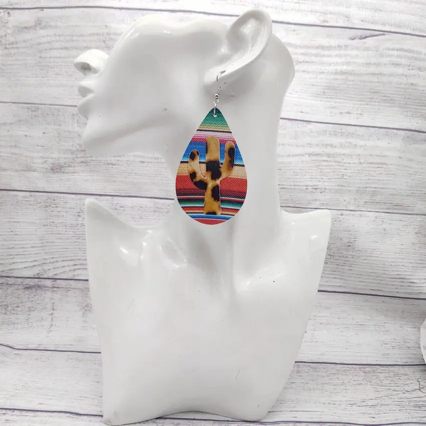 Hot selling colored striped large water drop wooden earrings in Europe and America, single-sided colored printed cactus earrings for women AQP-STORE