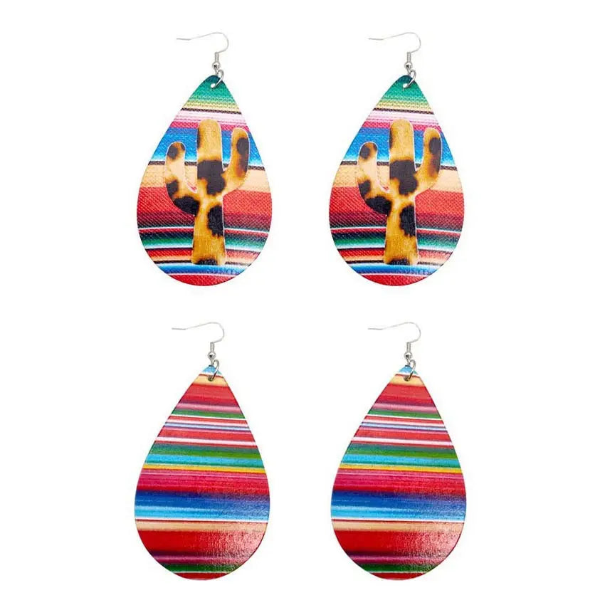 Hot selling colored striped large water drop wooden earrings in Europe and America, single-sided colored printed cactus earrings for women AQP-STORE