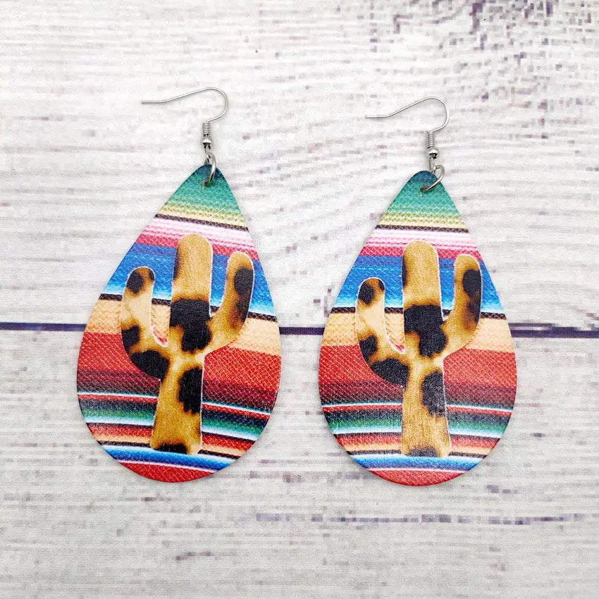 Hot selling colored striped large water drop wooden earrings in Europe and America, single-sided colored printed cactus earrings for women AQP-STORE