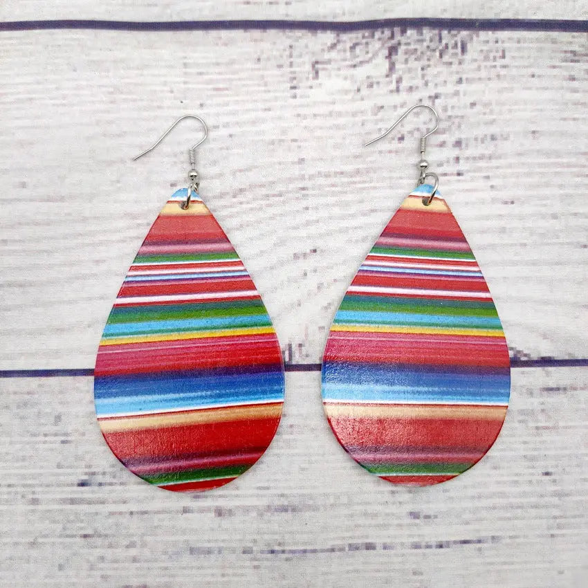 Hot selling colored striped large water drop wooden earrings in Europe and America, single-sided colored printed cactus earrings for women AQP-STORE