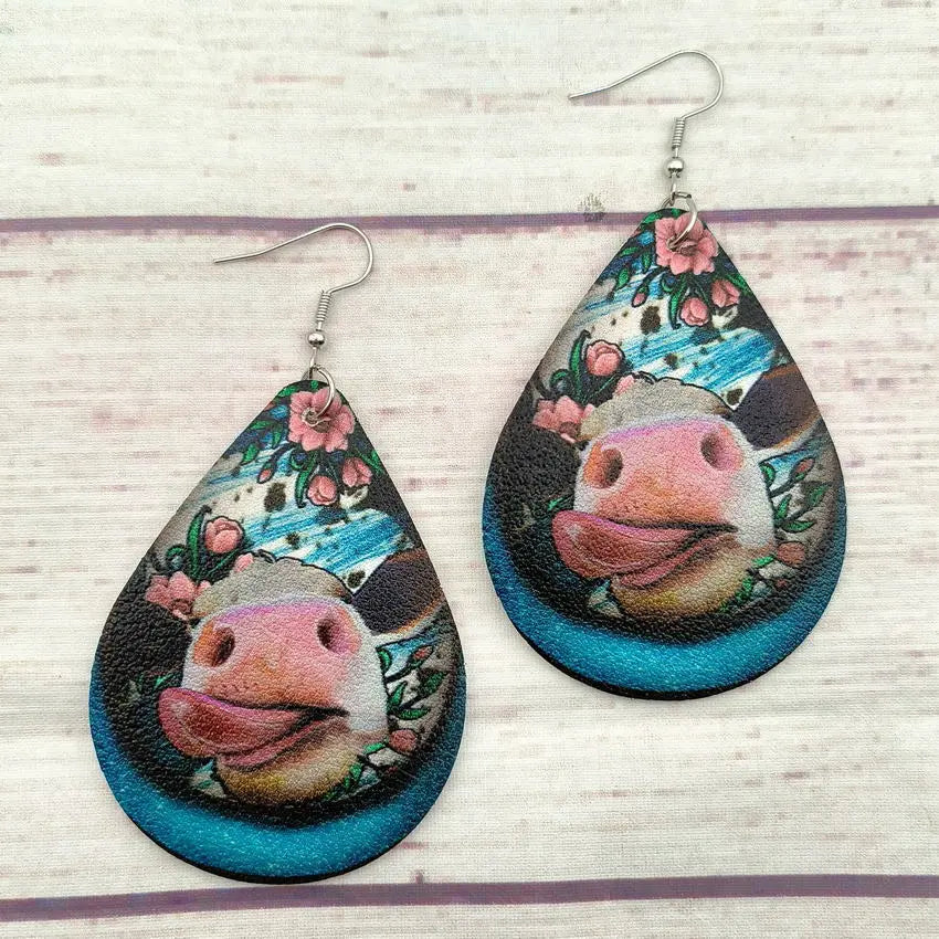 New Western Farm Animal Cow Pattern Leather Droplet Earrings for Women's Cow Earrings AQP-STORE