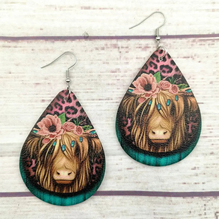 New Western Farm Animal Cow Pattern Leather Droplet Earrings for Women's Cow Earrings AQP-STORE
