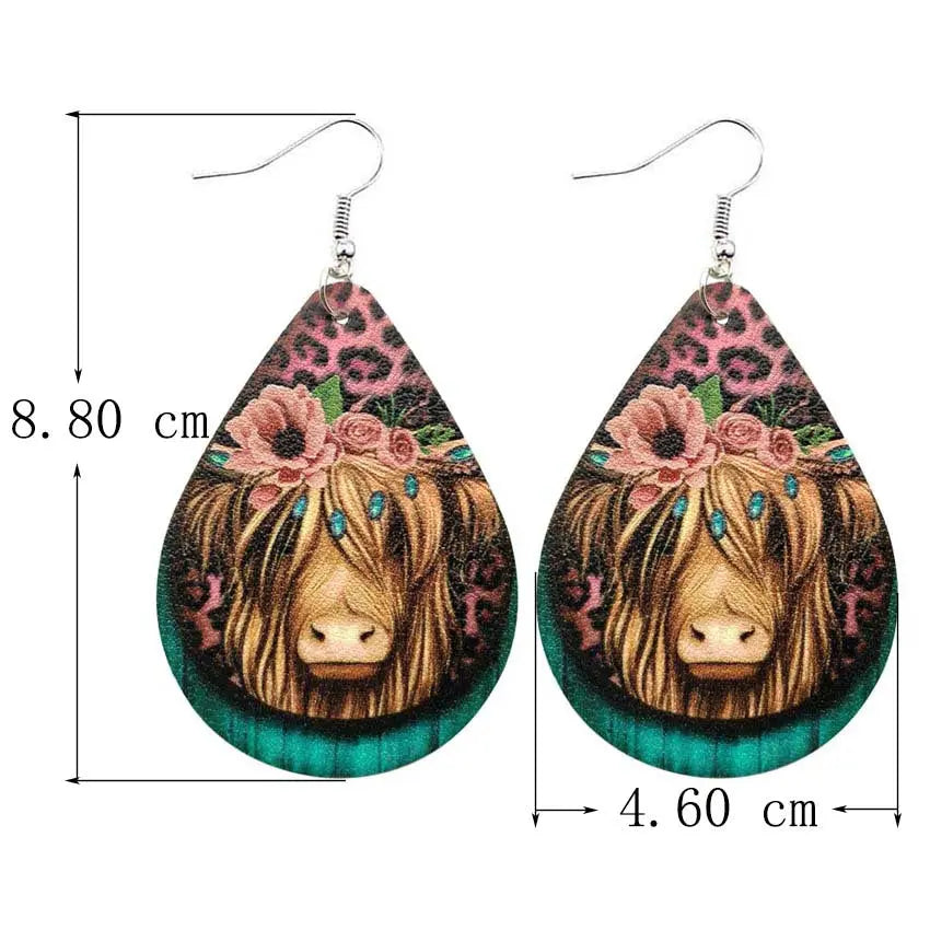 New Western Farm Animal Cow Pattern Leather Droplet Earrings for Women's Cow Earrings AQP-STORE